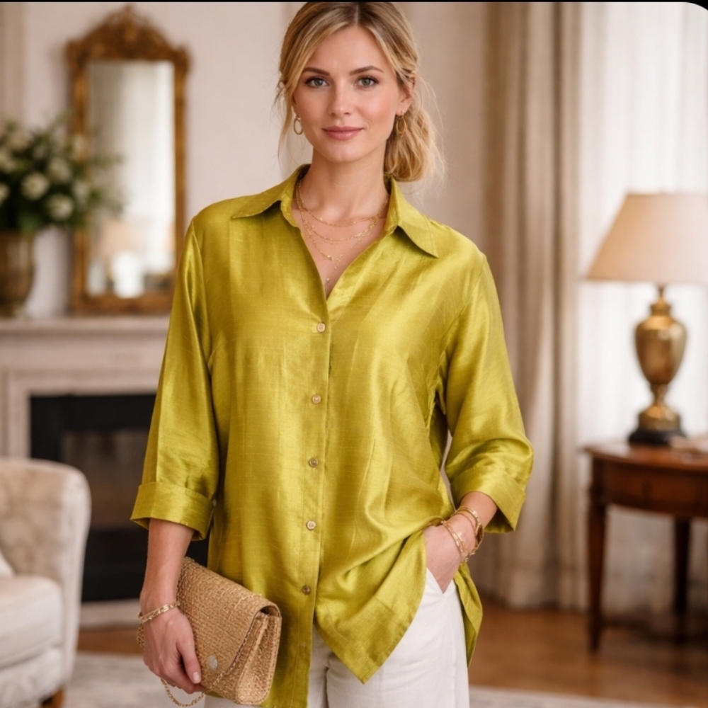 New Chartreuse Green Silk Tunic Dupioni Textured Button Up Blouse NWT Sz xL